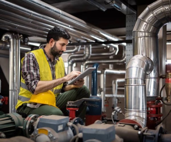 Stationary engineer at work with technician support